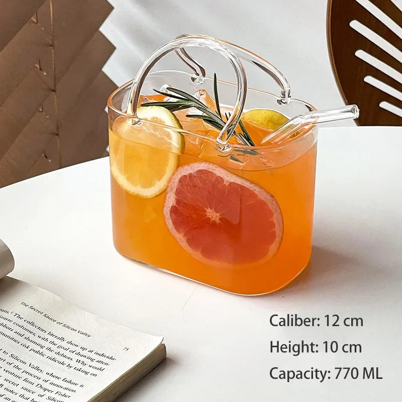 770 Ml Handbag Glass Beverage Cup Cocktail Glass Wine Cups with Straw Creative Fruit Tea Juice Mug for Home Special Drinkware