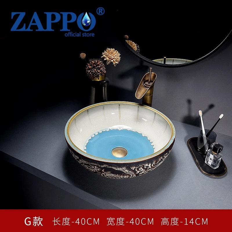 ZAPPO Round Vessel Sink with Faucet Drain JinDezhen Ceramic Vessel Sinks Oval Bathroom Sink Bowl Above Counter with Mixer Tap