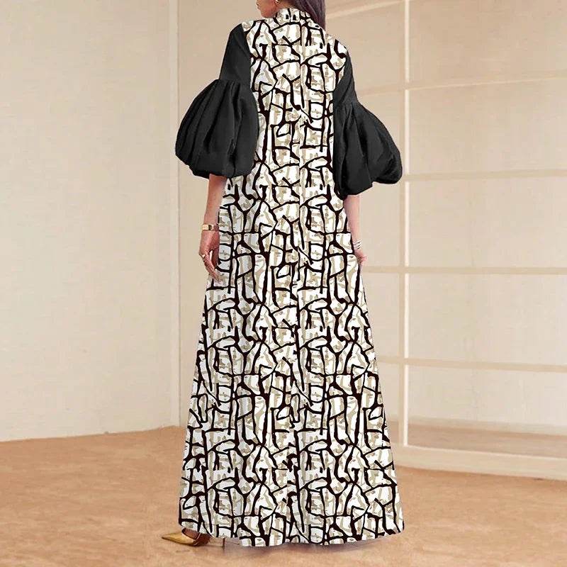 Vintage Pattern Print Muslim Woman Dresses Spring Elegant O Neck Party Long Dresses New Summer Puff Sleeve Loose Boho Maxi Dress - AIAZ