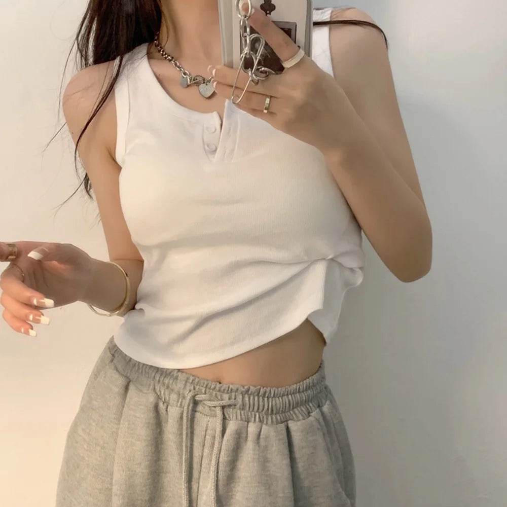 Tank Top for Women Ribbed Button Down Sleeveless Blouse Solid Color Casual Women's Teens Trendy Basic Summer Dresses - AIAZ