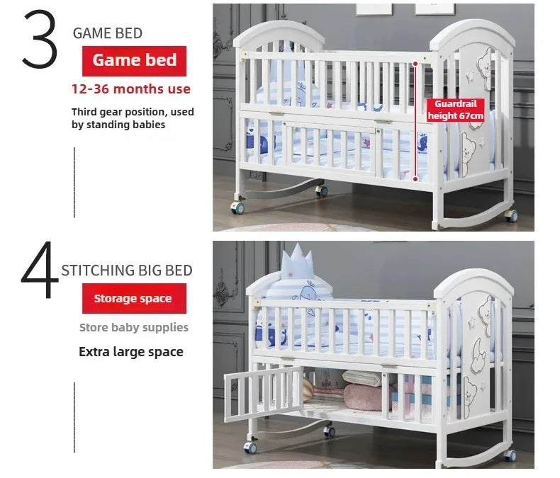 2025New Solid Wood Baby Crib Movable Splicing Bed Multifunctional Baby Rocking Bed Adjustable Guardrail Height with Mosquito Net
