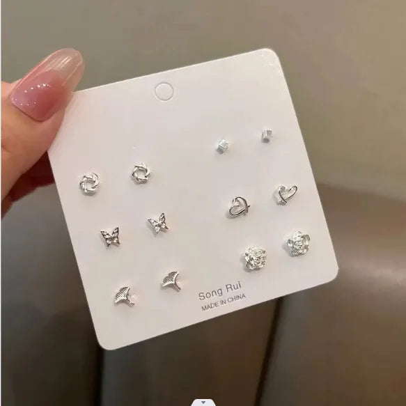 7 Pair/Set Korean Silver Color Fashion Geometric Female Small Earrings Multiple Pairs of Butterfly Cute Stud Earrings Jewelry