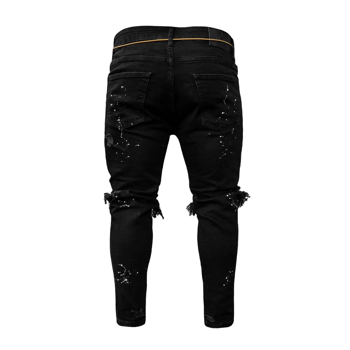 Men Long Jeans Pants Denim Pencil Pant Hole Splice Simple Slim Fit Zipper Lace Up Tight Waist Straight Trousers Autumn - AIAZ