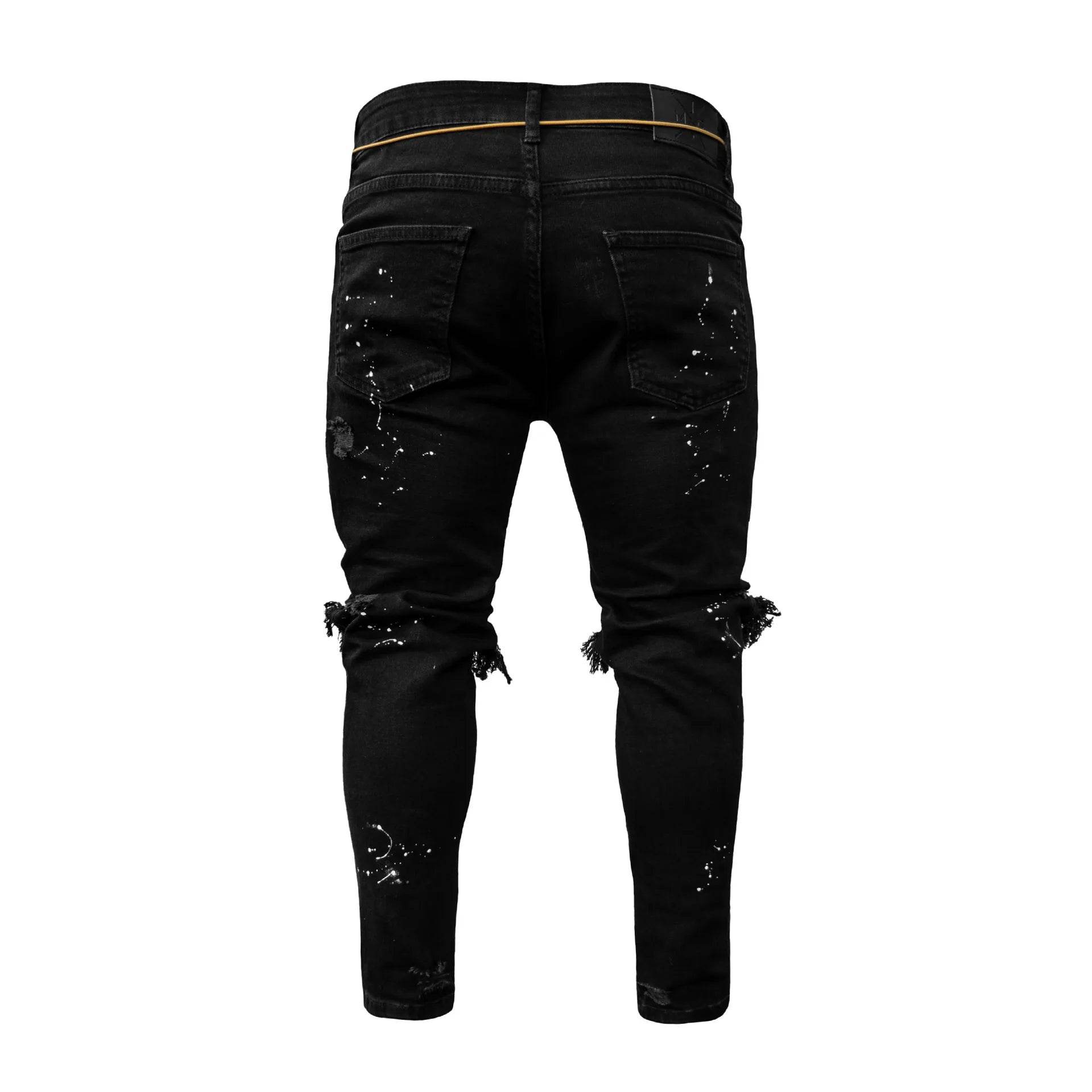 Men Long Jeans Pants Denim Pencil Pant Hole Splice Simple Slim Fit Zipper Lace Up Tight Waist Straight Trousers Autumn - AIAZ