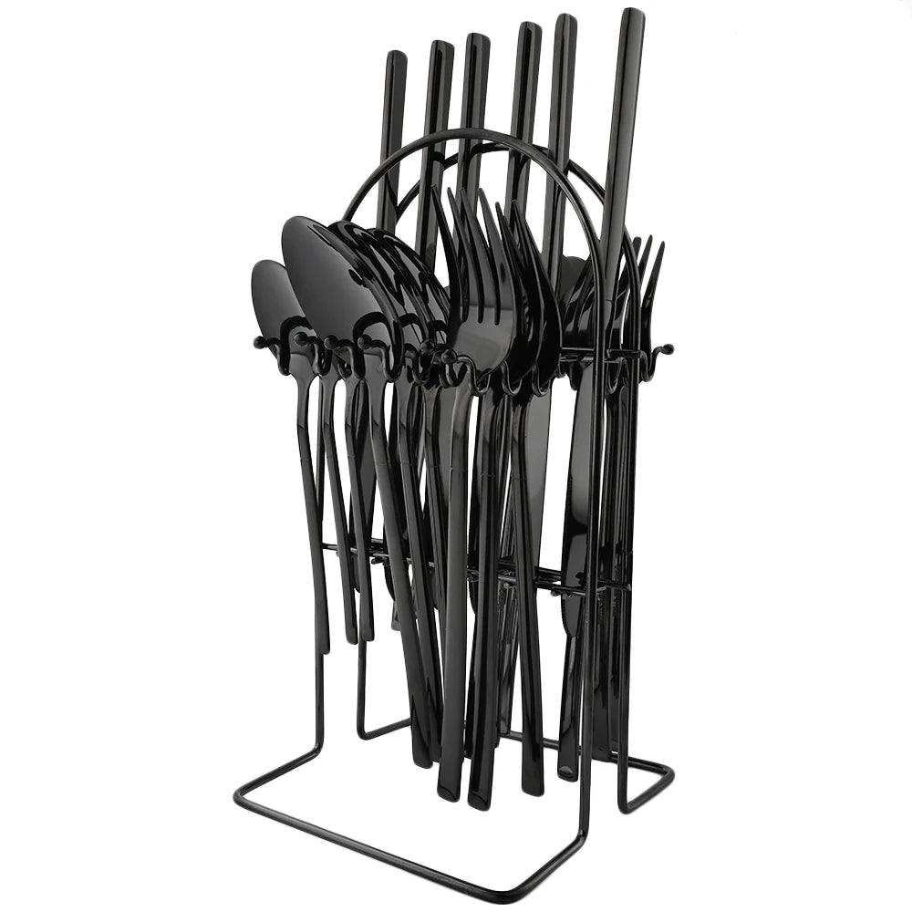 24pcs Knife Fork Spoon Dinnerware Set Rose Gold Tableware Stainless Steel Flatware Kitchen Cutlery Set with Luxury Storage Rack