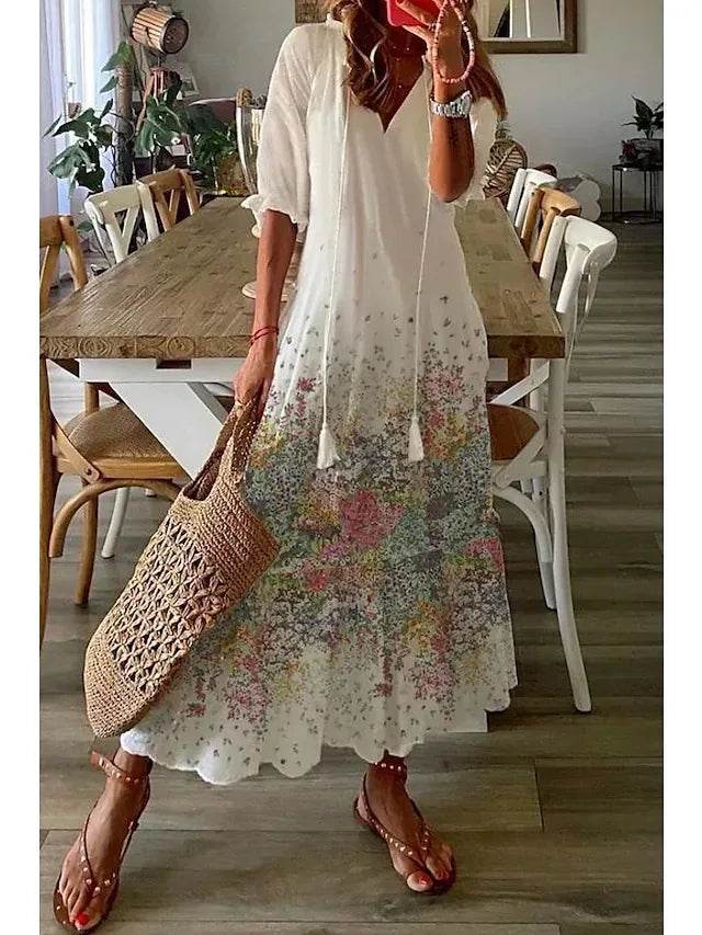 New Women's Spring Summer Dress Sexy V-neck Drawstring Printed Long-sleeved Dress Casual Loose Fashion Elegant Fresh Sweet Dress - AIAZ