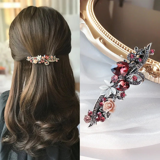 Red Crystal Flower Bow Spring Hairpin Vintage Ink Blue Rhinestone Horizontal Clip Top Clip Elegant Mom Fashion Hairpin Korean