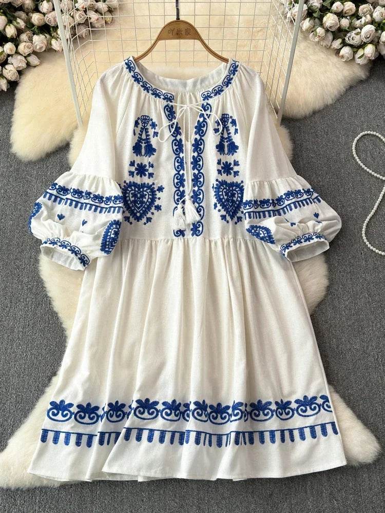 Women's Spring Summer Dress Bohemian Retro Ethnic Style Diamond Cotton Linen Blend Embroidered Lantern Sleeves Mini Dress A20 - AIAZ