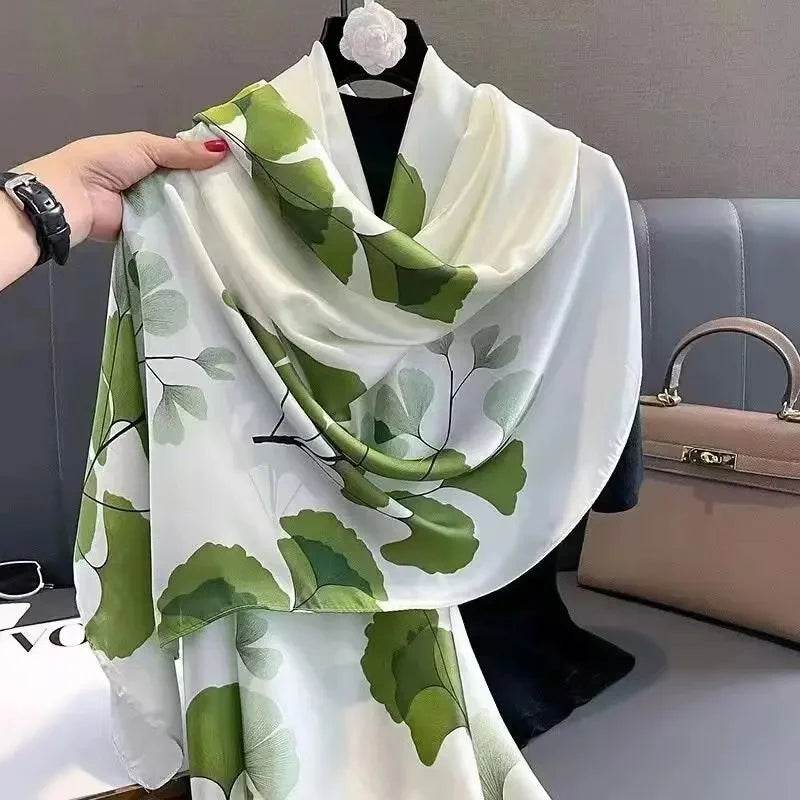 New Summer Women's Silk Scarf Sun Protection Satin Print Extra Long Beach Cover Up Decorative Mom's Shawl Fashionable Accessory - AIAZ
