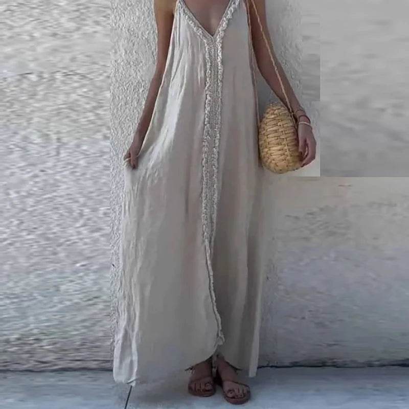 Woman Sexy V Neck Tassel Long Dresses Spring Solid Loose Boho Suspender Dress New Summer Sleeveless Vacation Maxi Dress Vestidos - AIAZ