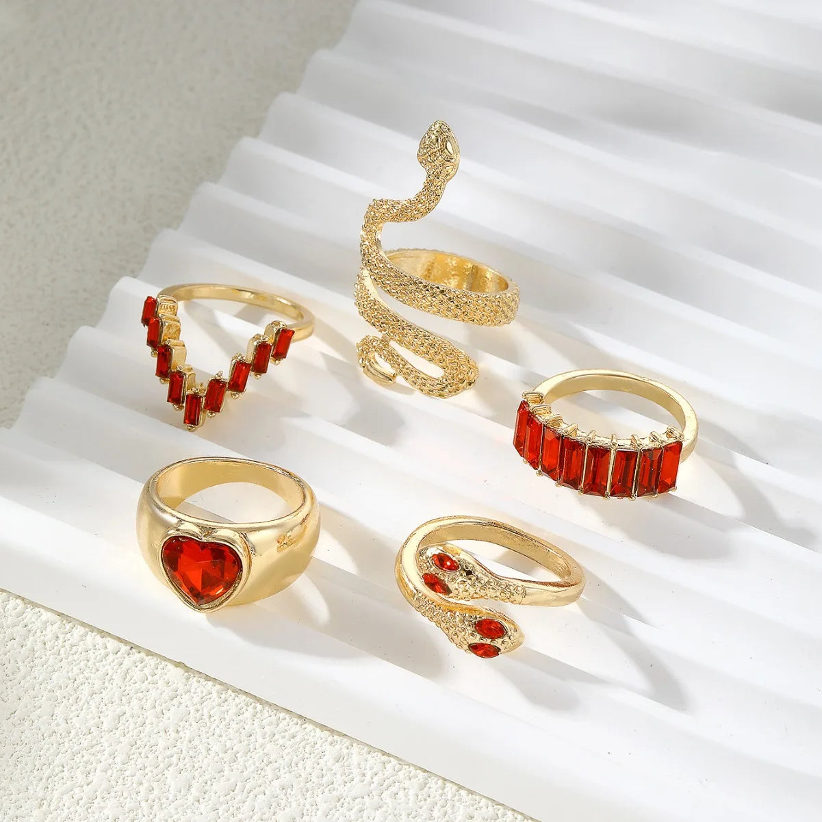 2024 New Tide Individuality Retro Geometric Hollowing Inlay Gem Rings SetLiquid State Metal Four-Piece Rings Set Paty Jewelry