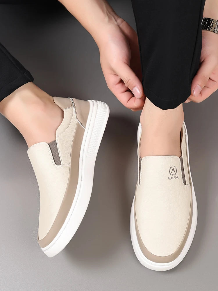 Aokang Men's Slip-On Casual oes Breathable Soft Bot Bean Leather oes Comfortable Rubber Sole Low Heel round Toe