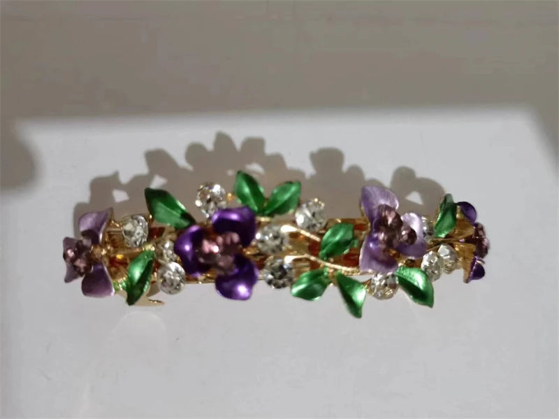 Red Crystal Flower Bow Spring Hairpin Vintage Ink Blue Rhinestone Horizontal Clip Top Clip Elegant Mom Fashion Hairpin Korean