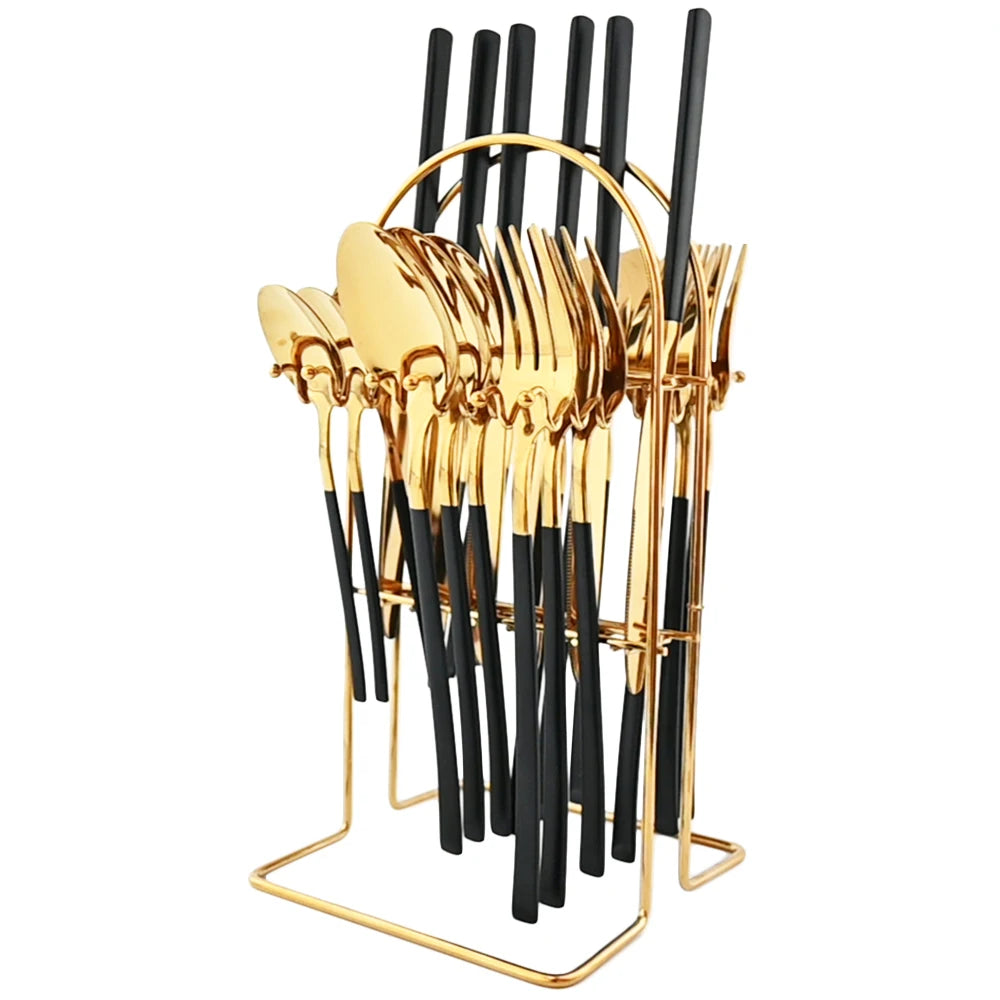 24pcs Knife Fork Spoon Dinnerware Set Rose Gold Tableware Stainless Steel Flatware Kitchen Cutlery Set with Luxury Storage Rack