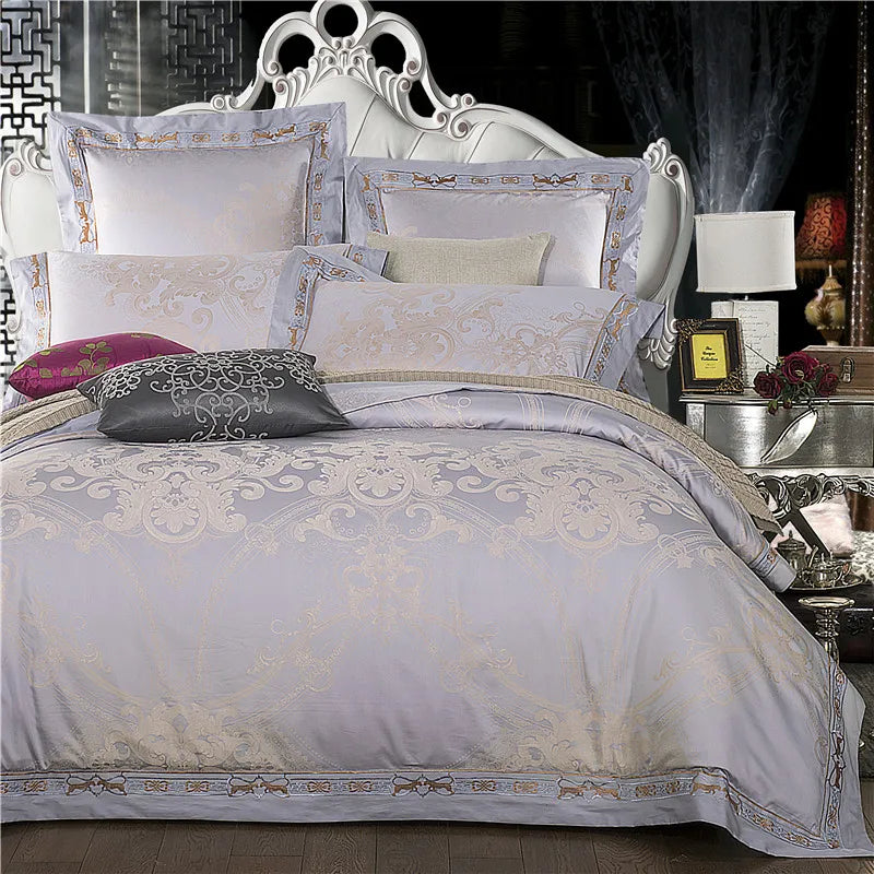 Sliver Gold Luxury Silk Satin Jacquard duvet cover bedding set queen king size Embroidery bed set bed sheet/Fitted sheet set