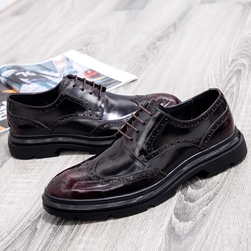 Mens Leather Dress Shoes Brogue Design Business Casual Shoes Spring Fashion Thick Sole Oxfords
