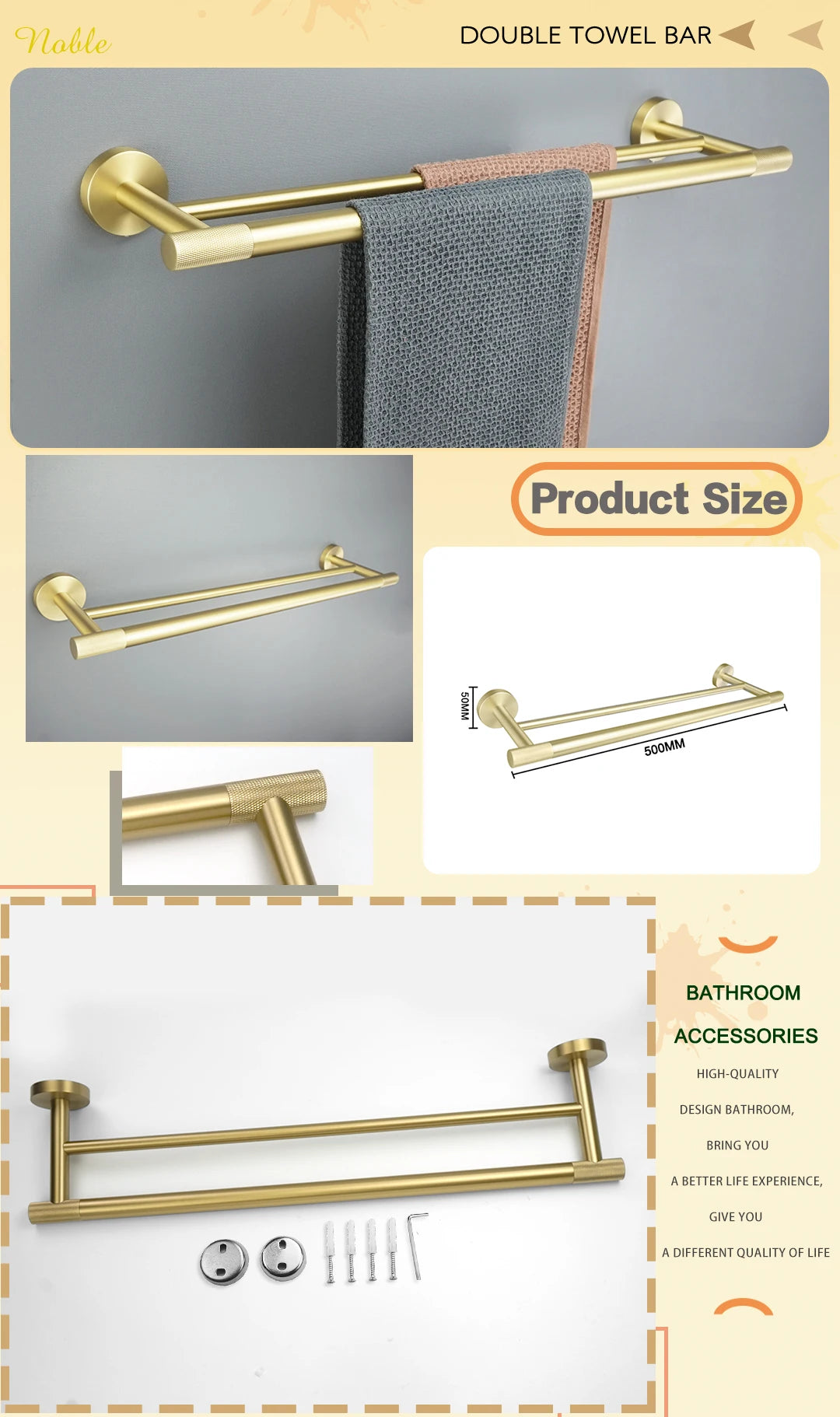 Brushed Gold Stainless Steel Wall Mount Towel Bar Towel Ring Paper Holder Bathrobe Hook Toilet Brush Bathroom Accessories