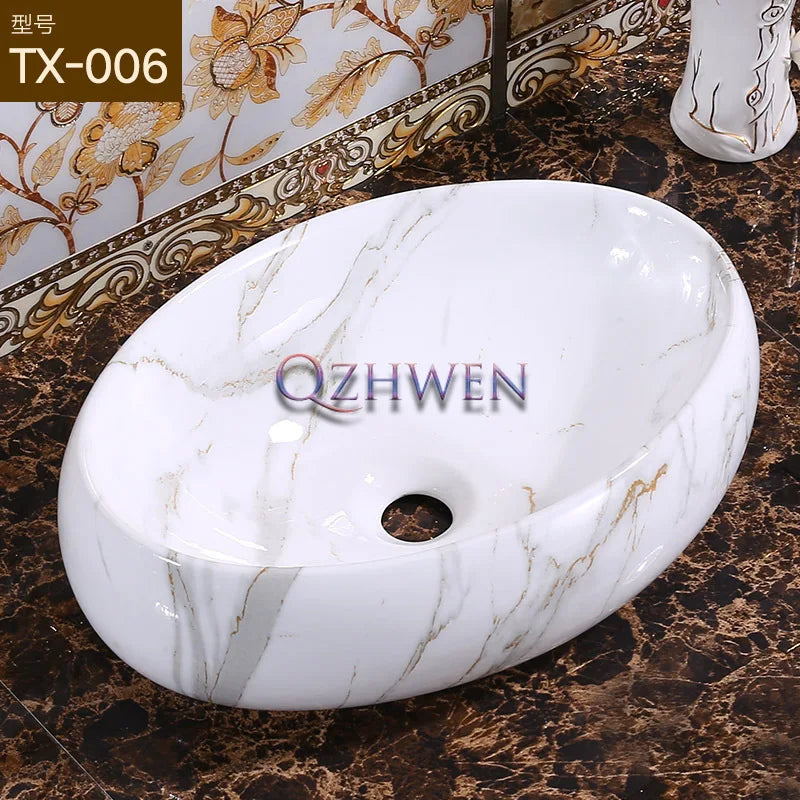 Marble Pattern Oval Bathroom Sink Home Stylish and Simple Ceramic Washbasin Hotel Balcony Countertop Art Basin for Washroom