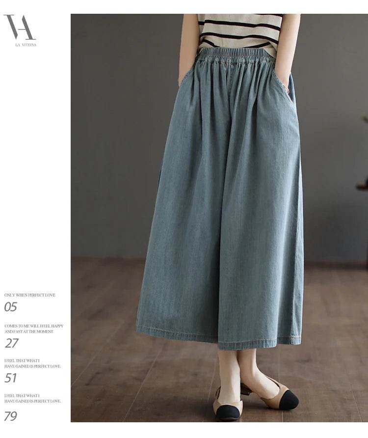 8215 Summer Trendy Wide Leg Jeans Skirts For Women New Design Straight Loose Casual Solid Color Elastic High Waist Denim Pants - AIAZ
