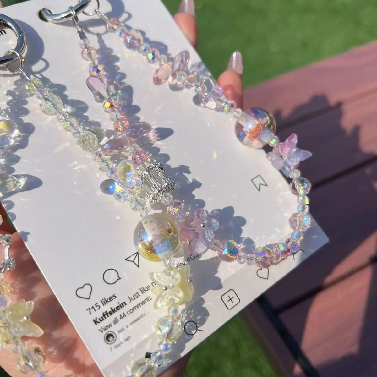 2025New Fashion Crystal Beaded Keychain for Women Phone Lanyard Wrist Strap 3 Colors (Pink/Blue/White) with Butterfly Charm Gift