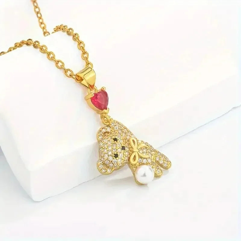1 Piece Stainless Titanium Steel Chain Cute Bow Red Love Heart Balloon Bear Pendant Necklace Women's Romantic Jewelry Girls Gift
