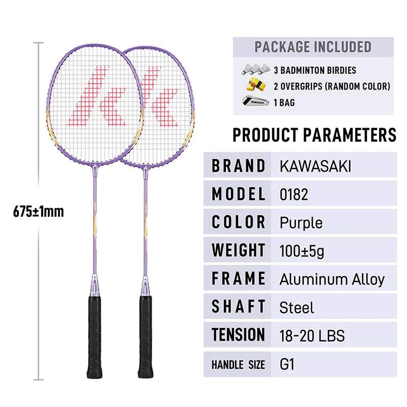Kawasaki Badminton Set with 2 Badminton Rackets, 3 Shuttlecocks, and Carrying Badminton Bag Suit for Badminton Practice