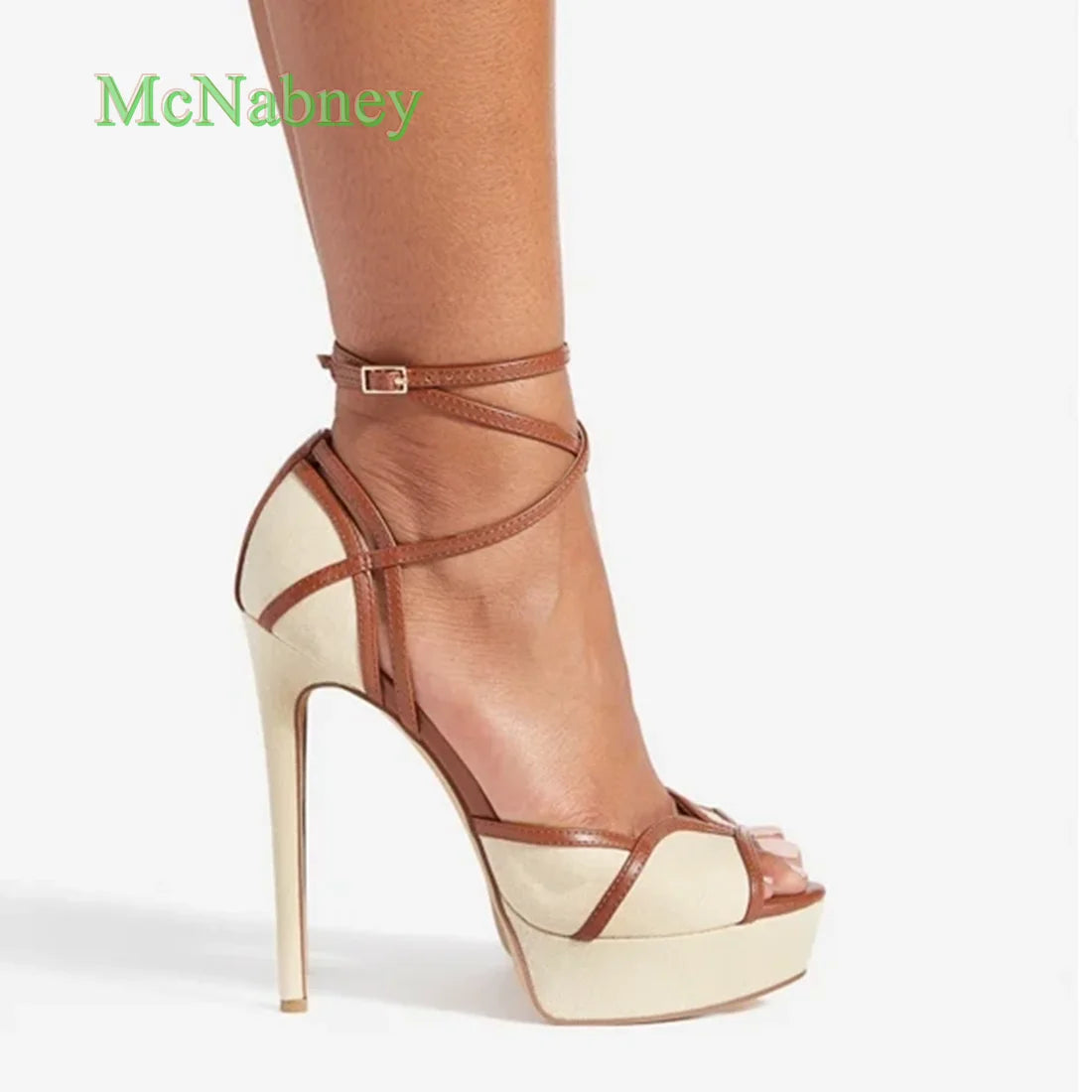 Beige Platform Round Peep Toe Women Sandals Thin High Heels  Cross Strap Summer Stilettos Sexy Shoes 2025 New Arrivals Solid