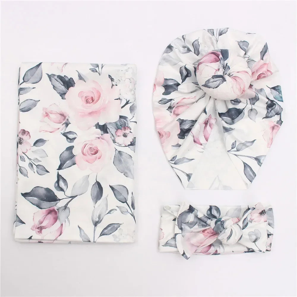 3pc/set Baby Swaddle Wrap New Born Receiving Blanket for Newborn Babies Accessories Soft Floral Headband Hat Bedding Baby Items