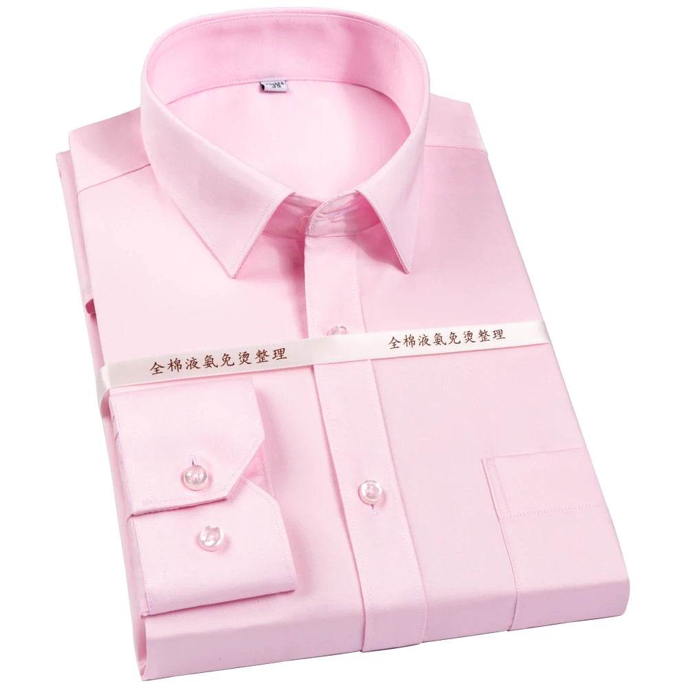 Men's Non Iron Standard-fit Solid Basic Dress Shirt Formal Business Premium 100% Cotton Male Long Sleeve Work Office Shirts - AIAZ