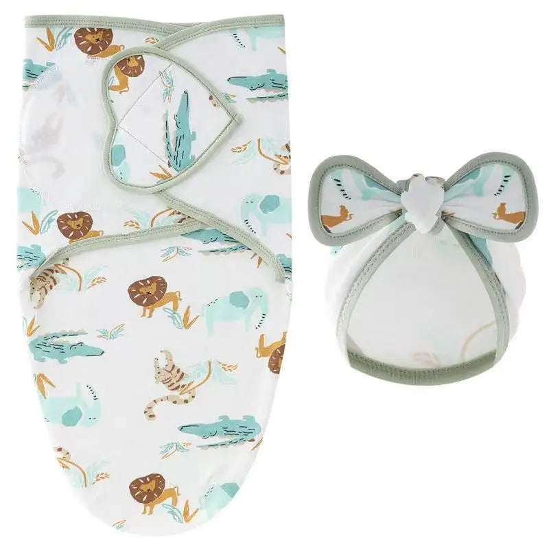Baby Blanket Hat Set Cartoon Printed Cotton Newborn Swaddle Adjustable Infant Sleeping Swaddle Wraps All Seasons 0-6 Months