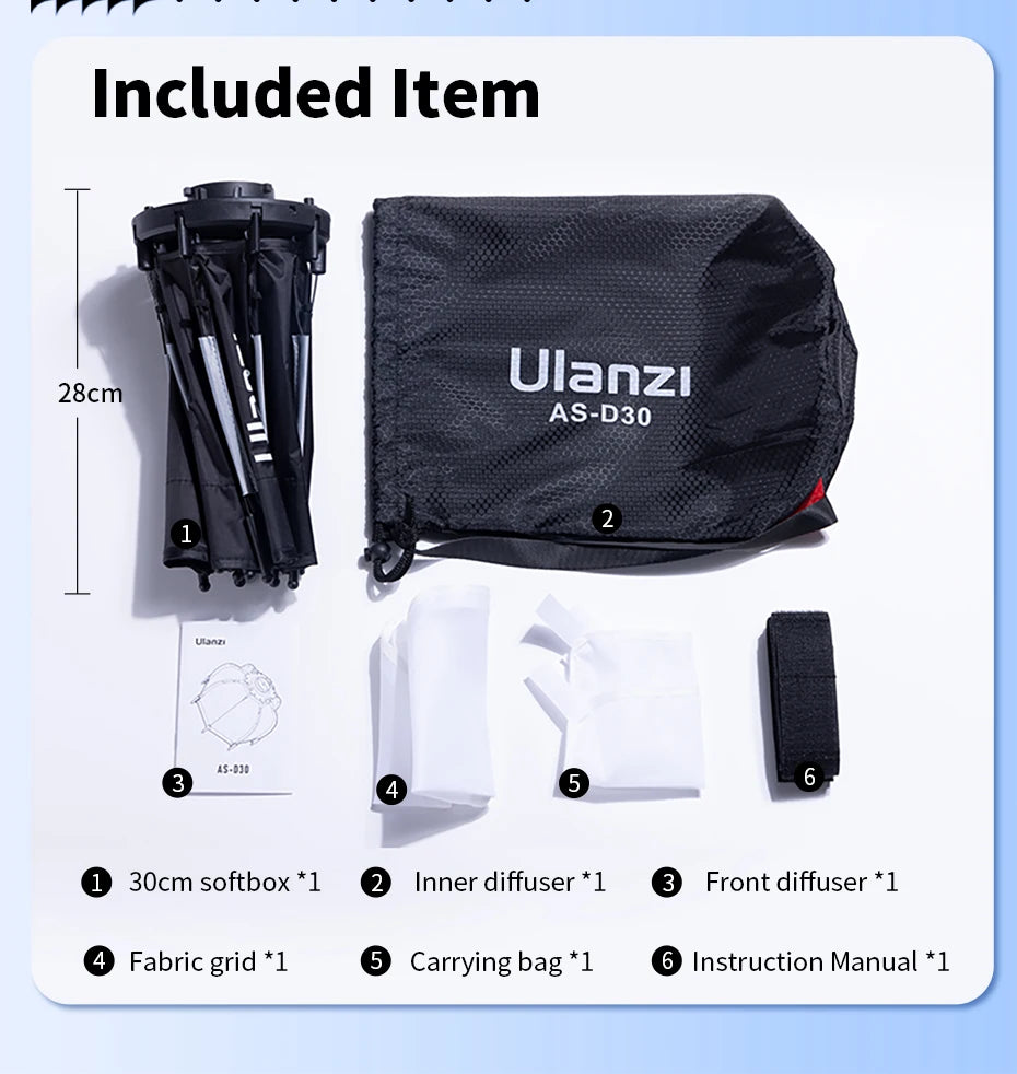 Ulanzi AS-D30 30cm Octagonal Softbox Quick Pack Light Box with Mini Bowens Mount for 40W COB Video Light