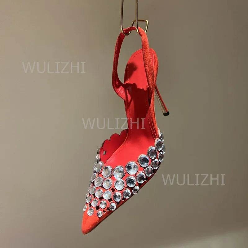 Silver Large Crystal Diamond Heels Sandals Shiny Women Red Leather Gold Slingback Pointed Toe Stiletto Black Bling Shoes Slip On - AIAZ