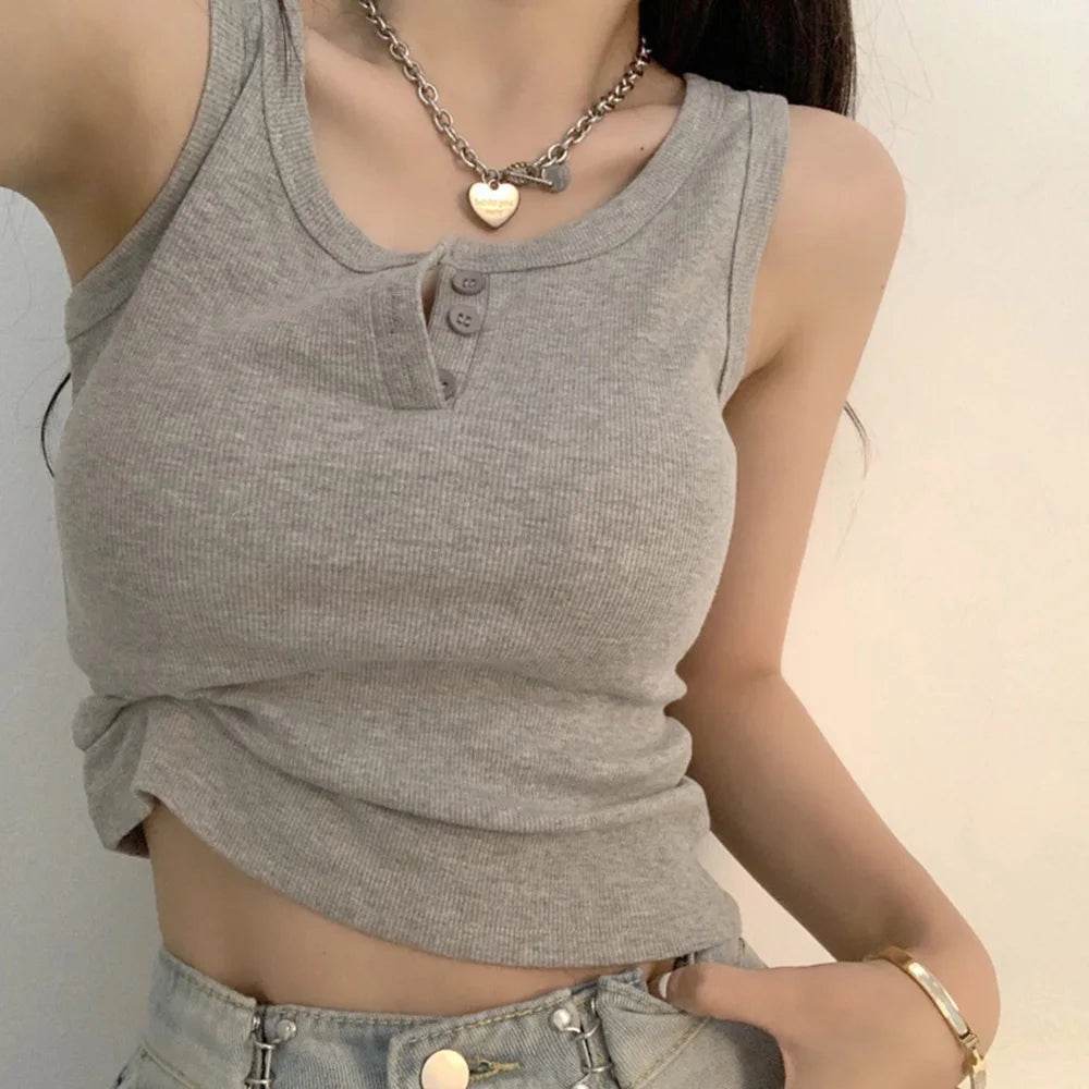 Tank Top for Women Ribbed Button Down Sleeveless Blouse Solid Color Casual Women's Teens Trendy Basic Summer Dresses - AIAZ