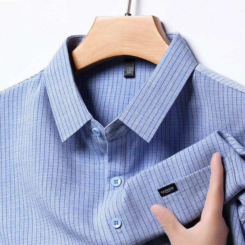 2025 Men's Business Casual Plaid Linen Short Sleeved Shirt Comfortable Top - AIAZ
