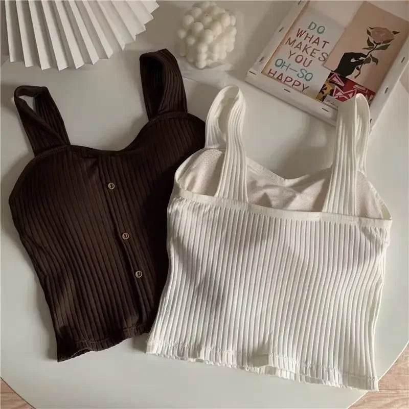 Women's Cropped Tops with Bra Pads Summer Corset Korean Suspenders Vest Sexy Camisole Slim - AIAZ