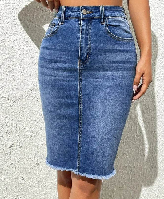 Skirts Women Denim Skirt Mid Length Slim Fit Solid High Waist Casual Regular Elegant Splice Hip Wrap Button Pocket Summer - AIAZ