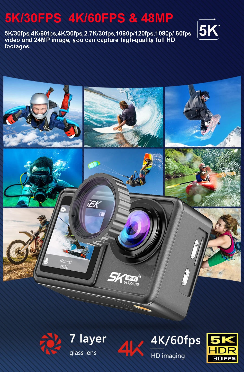 2" IPS Dual Screen Action Camera 5K 30FPS  4K 60FPS 48MP EIS Video With Optional Filter Lens 1080P Webcam Vlog WiFi Sports Cam
