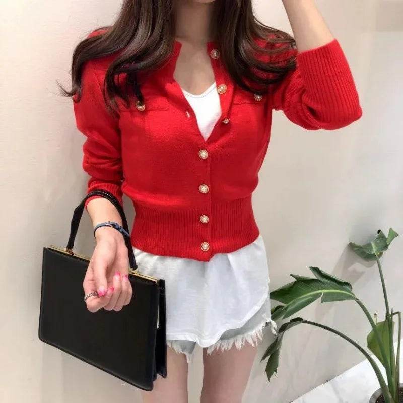 Women's Cardigan Sweater Decorative Pocket Button Solid Color Knitted Single-Breasted Jacket Women's Clothing - AIAZ