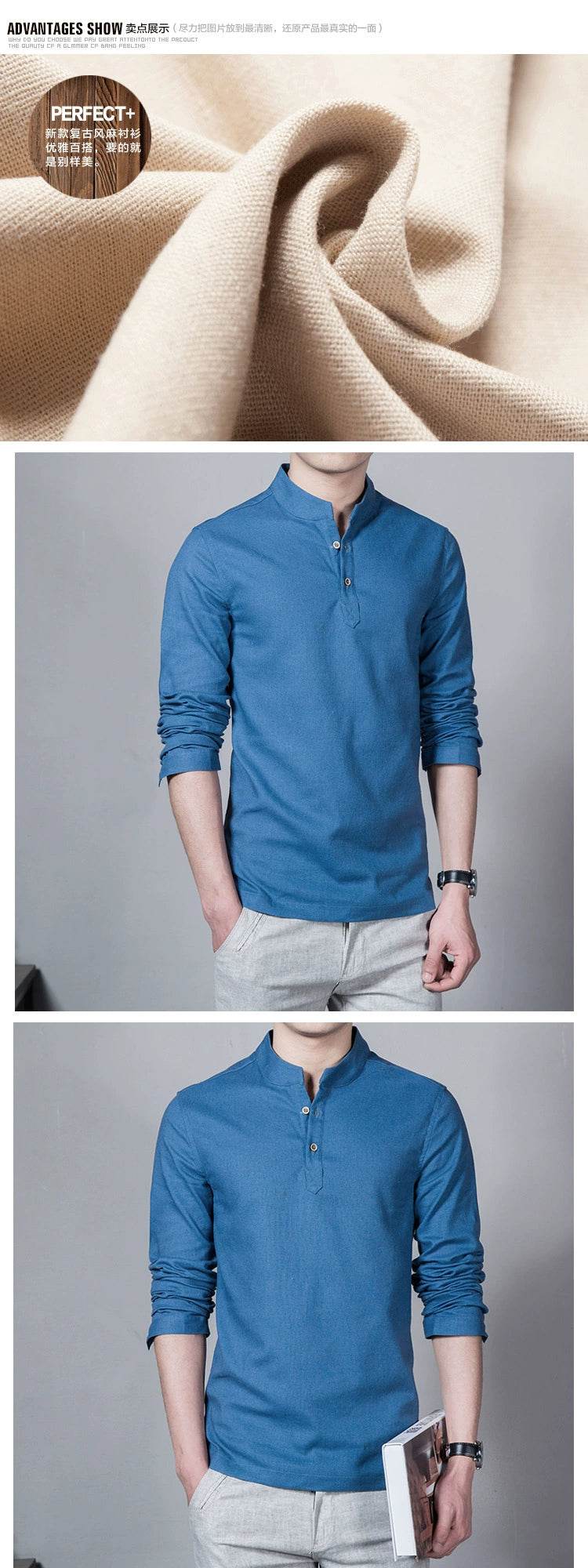 Men's Clothing Men Spring Tops & Tees Male Fashion T-Shirts Stand Collar Long-sleeved Slim Base Shirt Homme Linen t-shirt - AIAZ