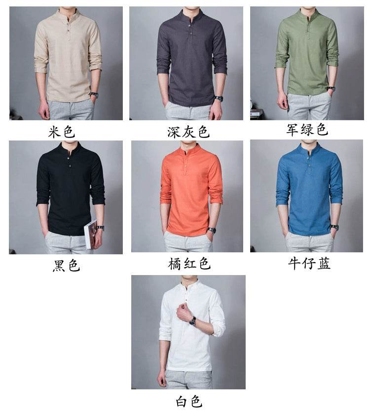 Men's Clothing Men Spring Tops & Tees Male Fashion T-Shirts Stand Collar Long-sleeved Slim Base Shirt Homme Linen t-shirt - AIAZ