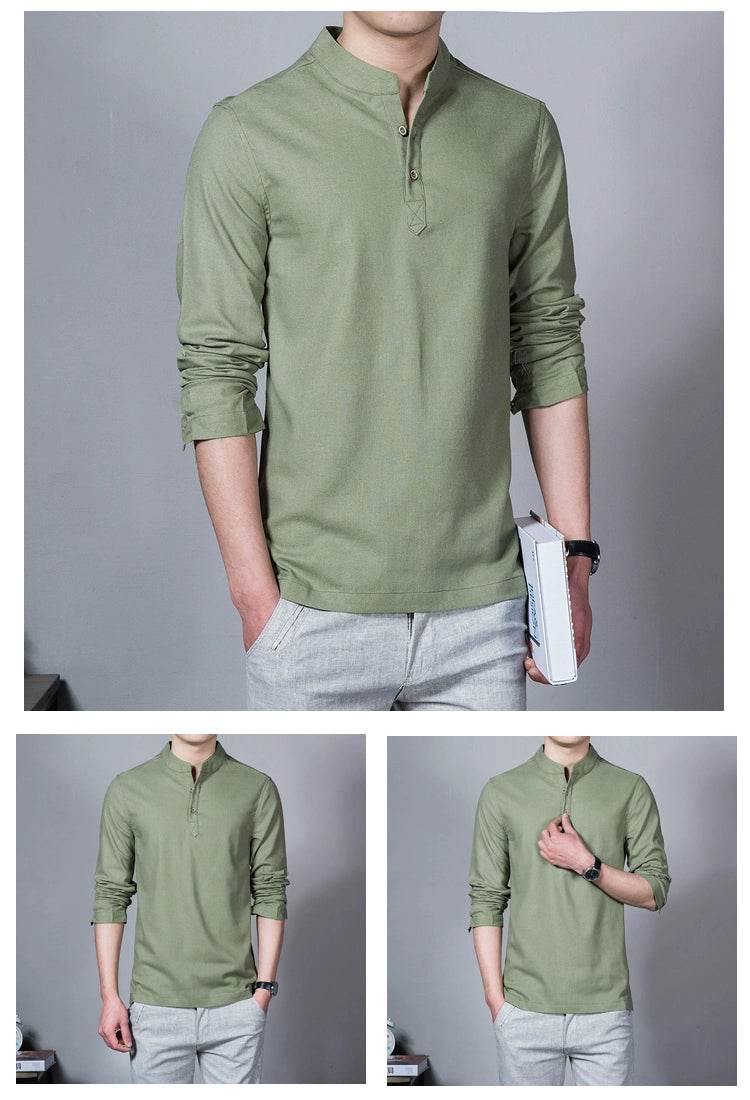 Men's Clothing Men Spring Tops & Tees Male Fashion T-Shirts Stand Collar Long-sleeved Slim Base Shirt Homme Linen t-shirt - AIAZ
