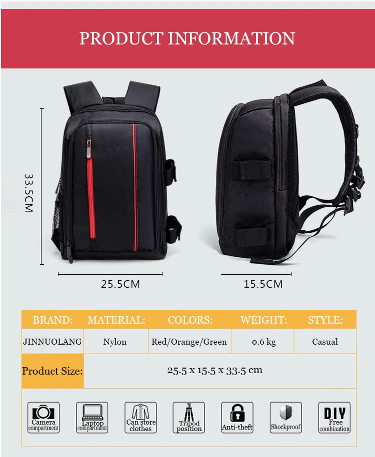 JINNUOLANG Unisex Photograph Waterproof Backpack Camera Shoulders Bags Nylon Case Fit 15.6'' Laptop Travel Outdoor DSLR  Mochila